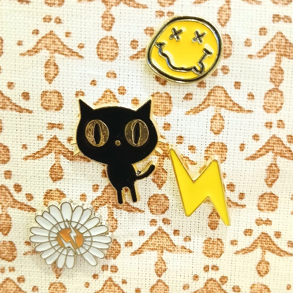 NWOT Cute Enamel Pin Set - Black Cat, Yellow Lightning, White Flower, Smiley